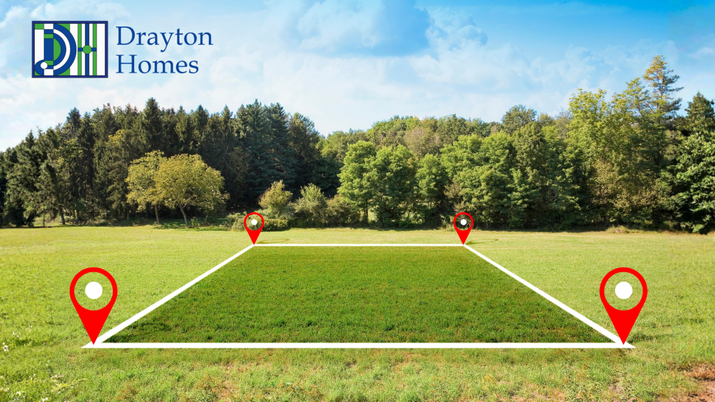 A green grassy lot outlined in white with red location pin markers representing land ready to build a home by Drayton Homes